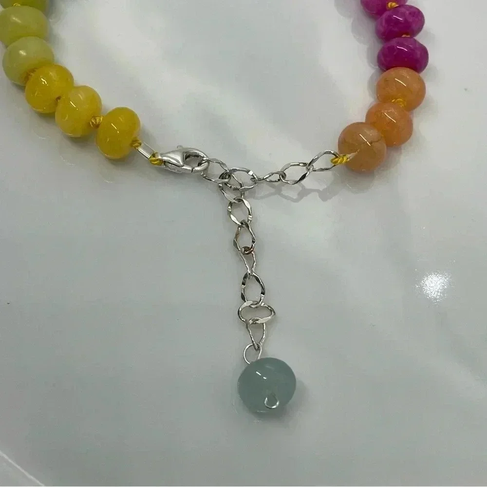 Rainbow Beaded Hand Knotted Bracelet Sterling Silver Silk Crystal Quartz Ombré - Picture 4 of 8
